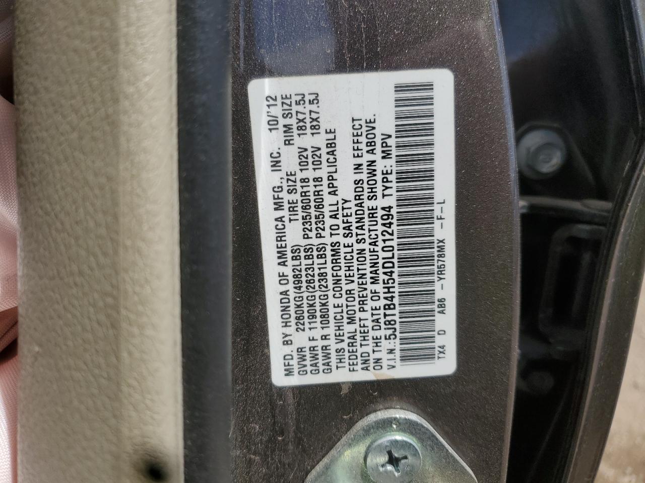 2013 Acura Rdx Technology VIN: 5J8TB4H54DL012494 Lot: 62170435