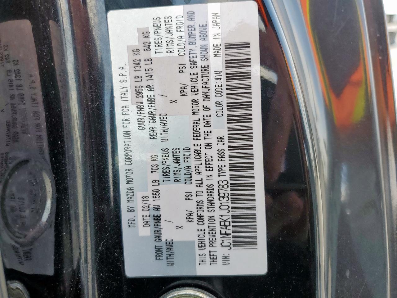 2018 Fiat 124 Spider Classica VIN: JC1NFAEK1J0139783 Lot: 61591515