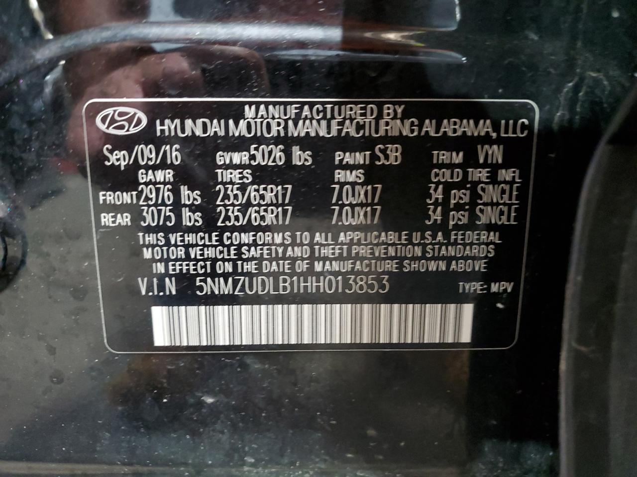HYUNDAI SANTA FE 2017 VIN 5NMZUDLB1HH013853 фото 13