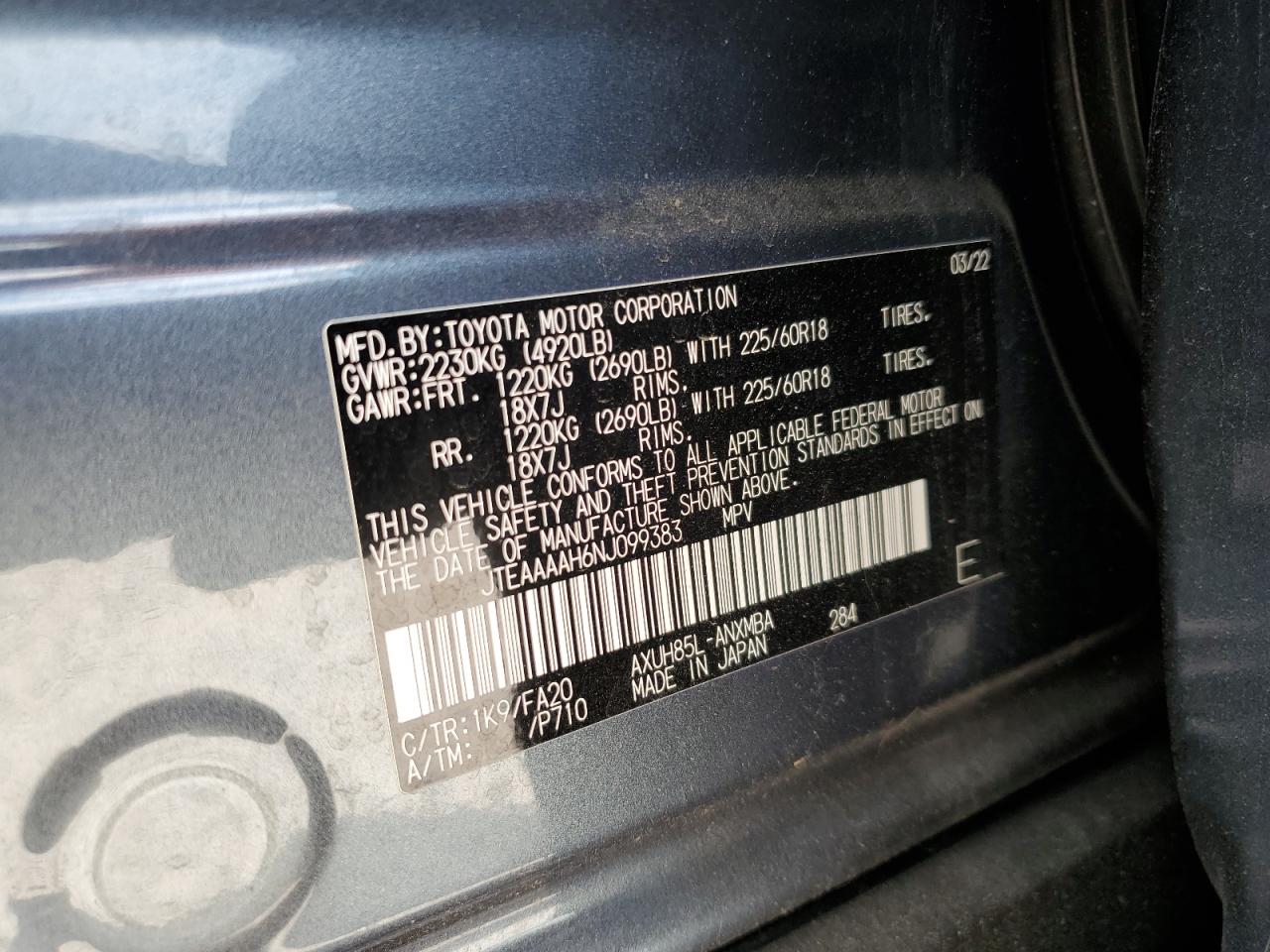 2022 Toyota Venza Le VIN: JTEAAAAH6NJ099383 Lot: 60295965
