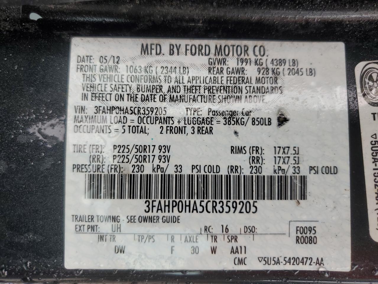 2012 Ford Fusion Se VIN: 3FAHP0HA5CR359205 Lot: 59549775