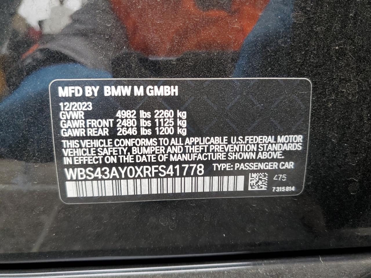 2024 BMW M3 Competition VIN: WBS43AY0XRFS41778 Lot: 61949305