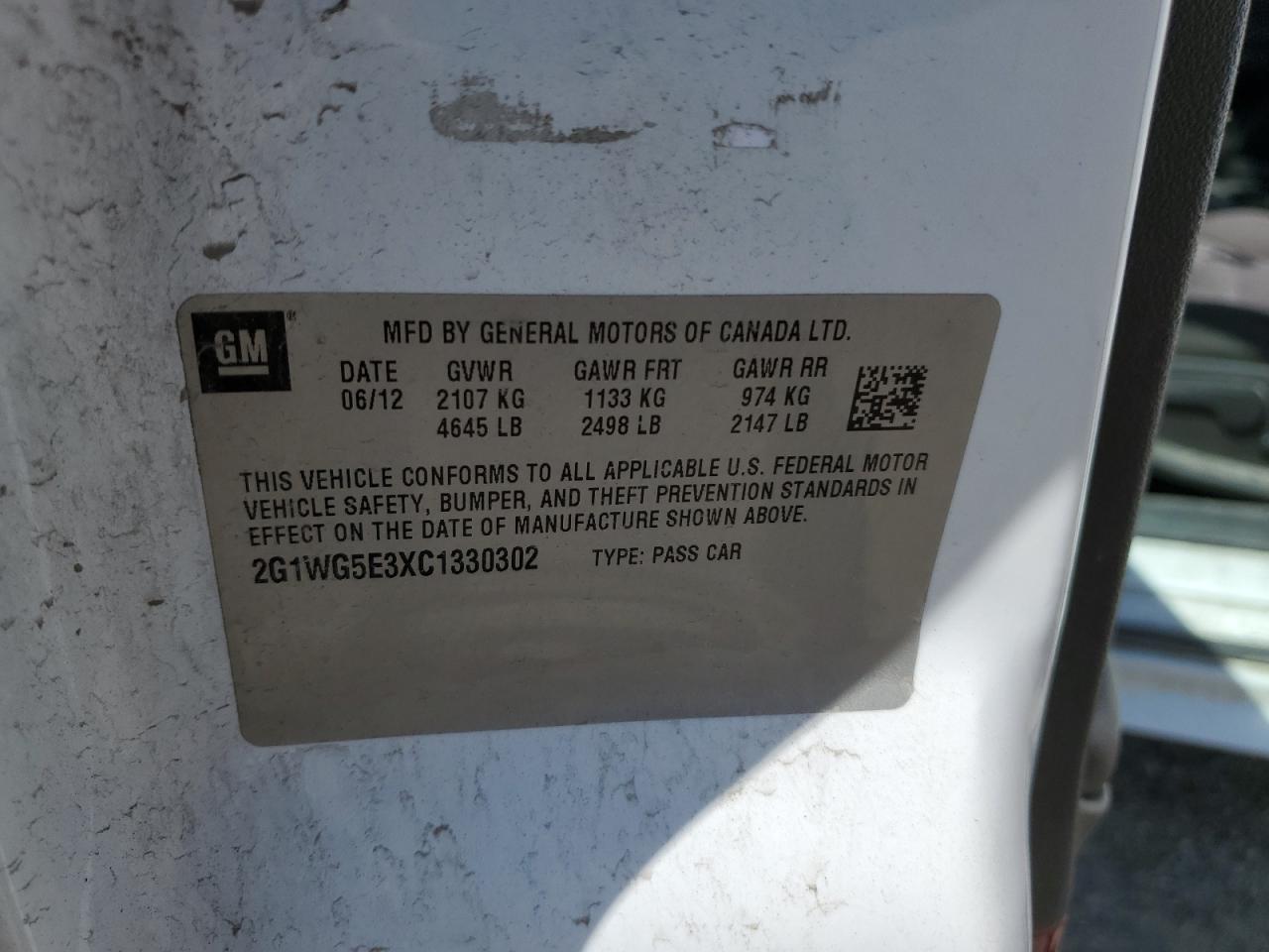 2012 Chevrolet Impala Lt VIN: 2G1WG5E3XC1330302 Lot: 61263995