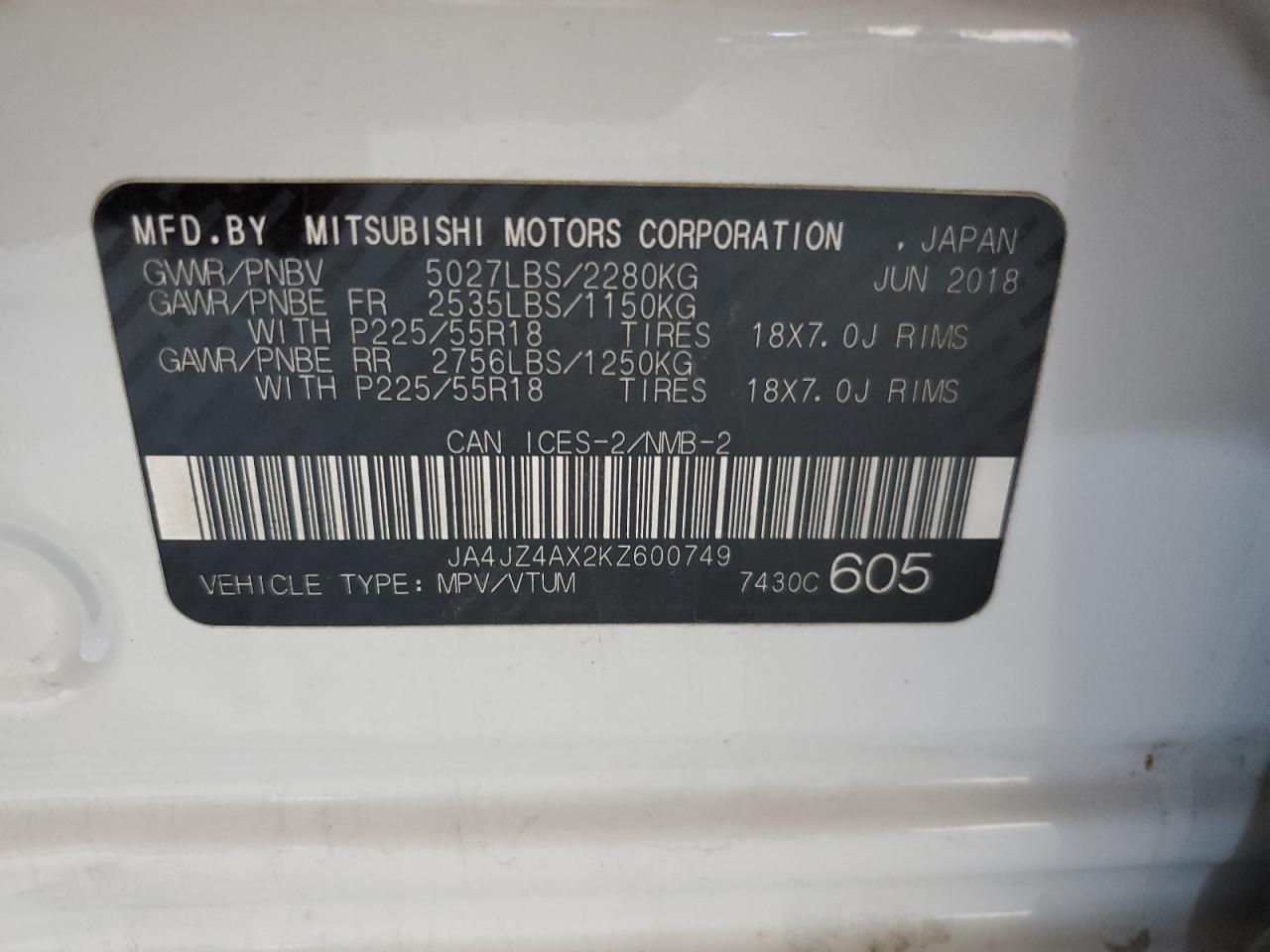 2019 Mitsubishi Outlander Gt VIN: JA4JZ4AX2KZ600749 Lot: 60308815
