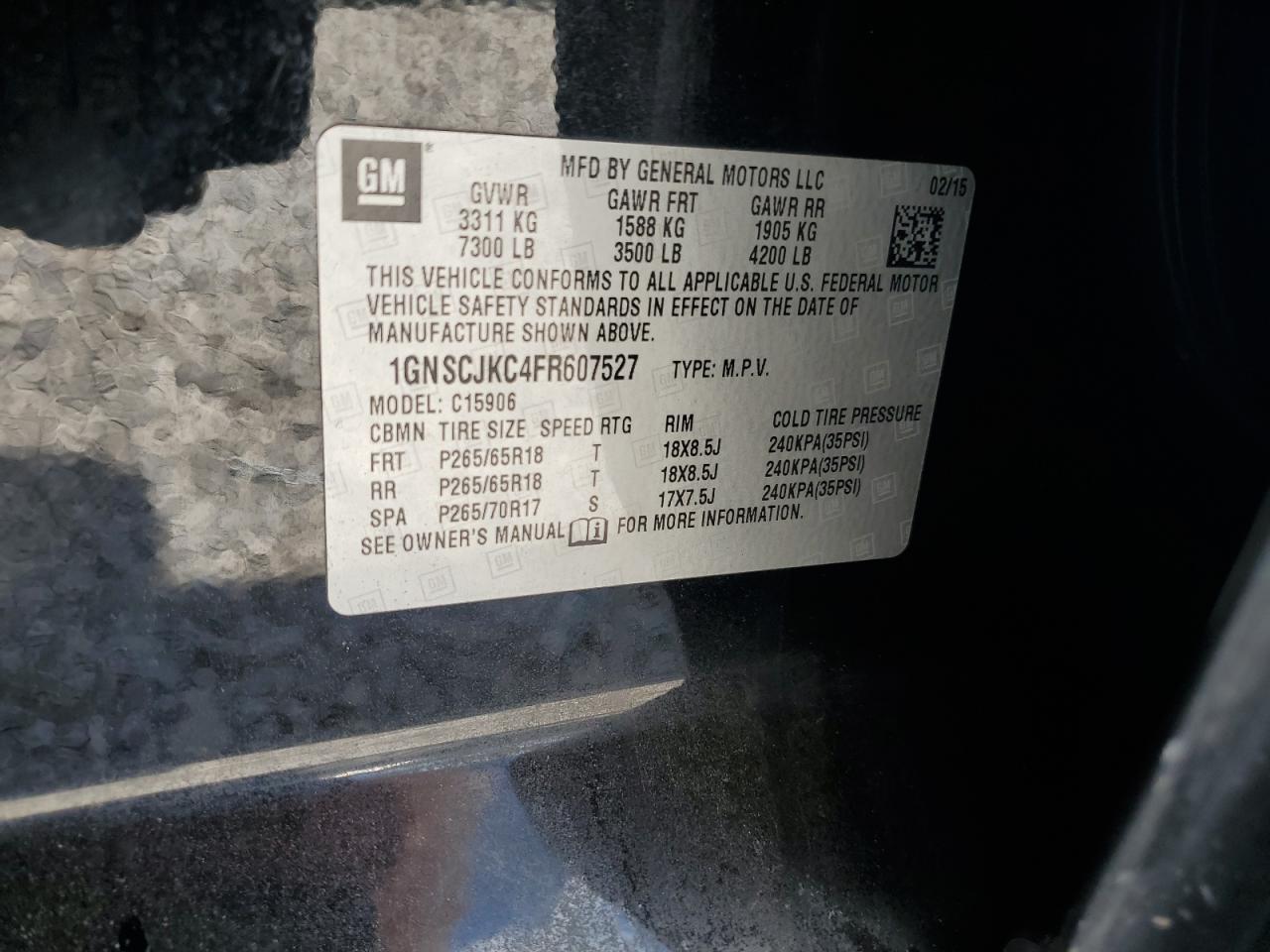 2015 Chevrolet Suburban C1500 Lt VIN: 1GNSCJKC4FR607527 Lot: 62335965