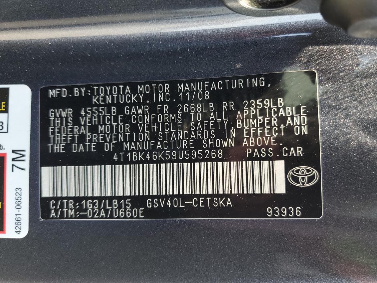 2009 Toyota Camry Se VIN: 4T1BK46K59U595268 Lot: 61781275