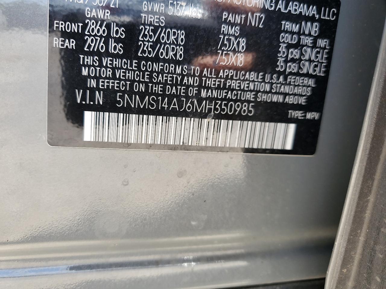 2021 Hyundai Santa Fe Se VIN: 5NMS14AJ6MH350985 Lot: 61796765
