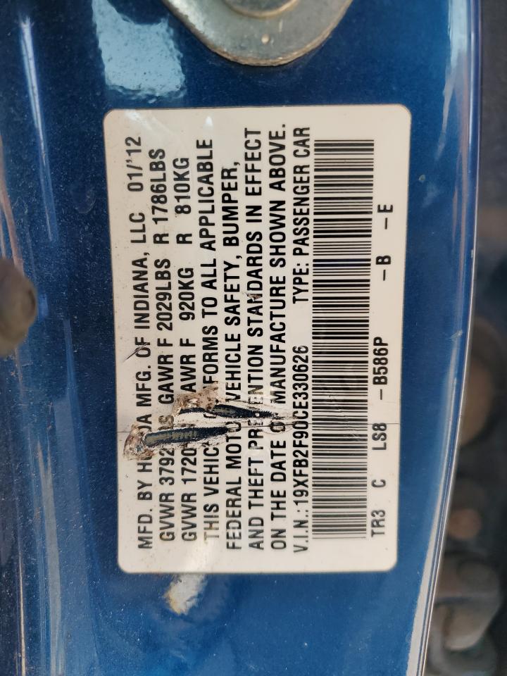 2012 Honda Civic Exl VIN: 19XFB2F90CE330626 Lot: 60485425