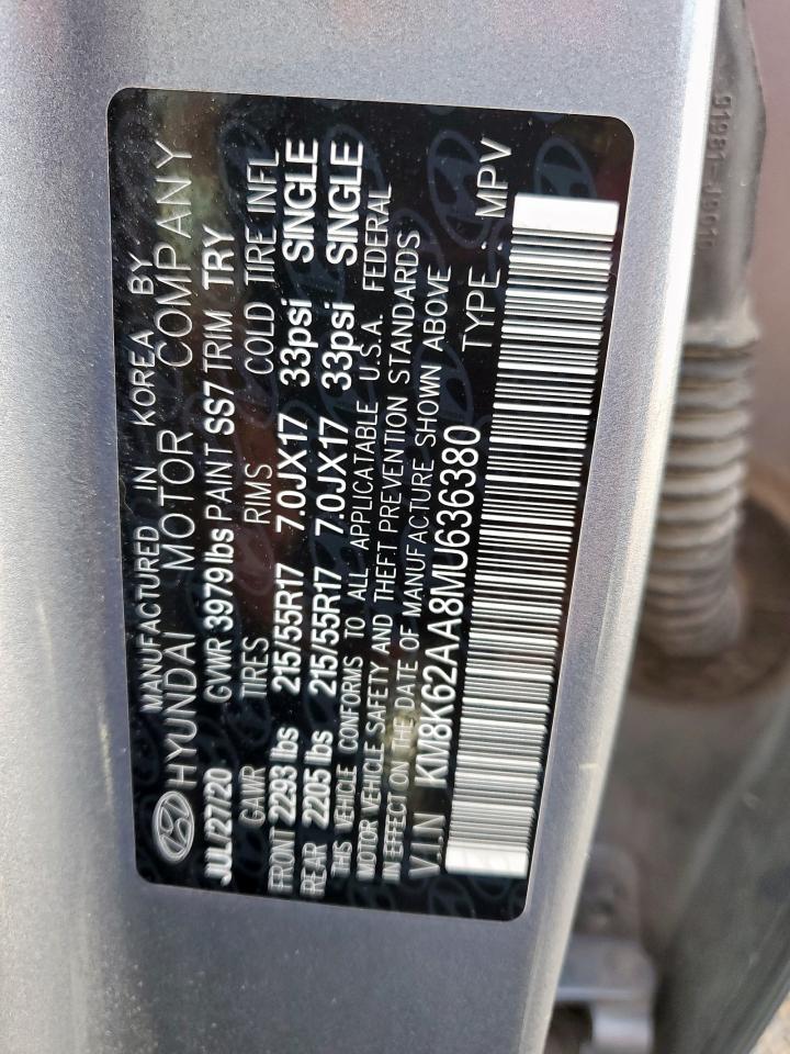 2021 Hyundai Kona Sel Plus VIN: KM8K62AA8MU636380 Lot: 61992945