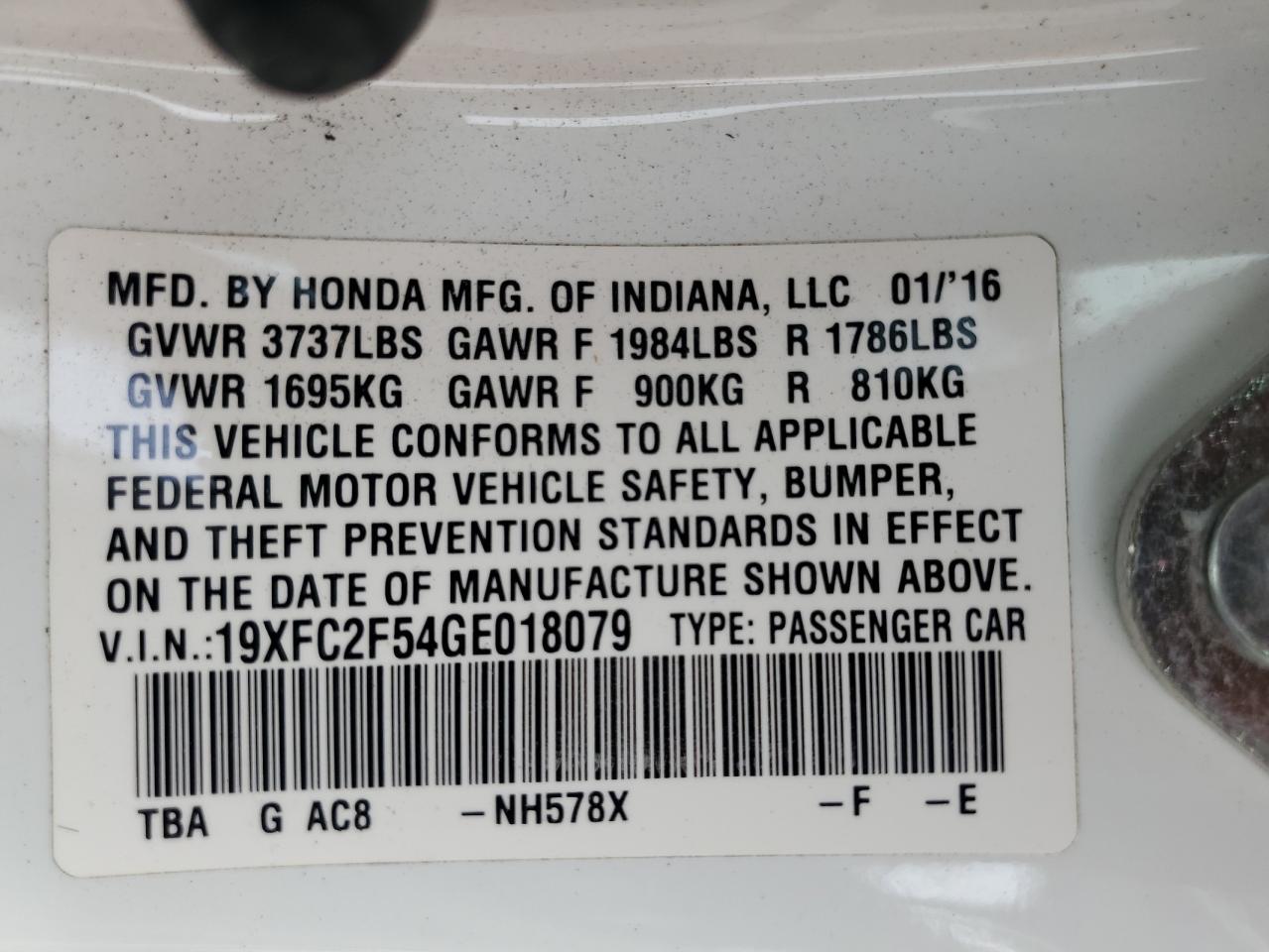 19XFC2F54GE018079 HONDA CIVIC 2016