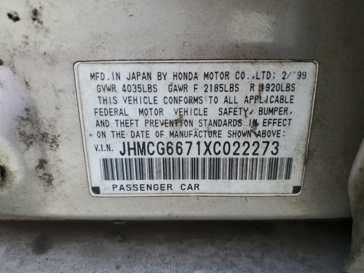 1999 Honda Accord Ex VIN: JHMCG6671XC022273 Lot: 60688355
