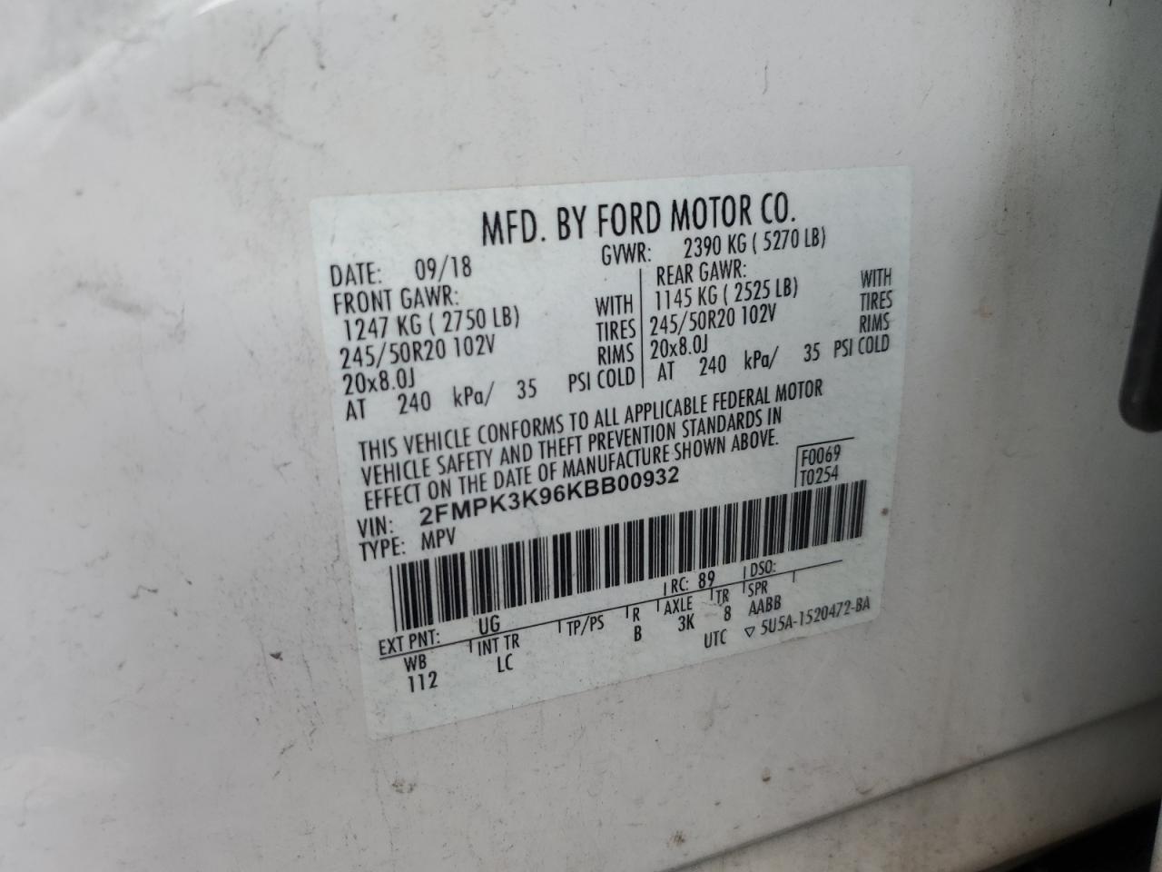 2019 Ford Edge Titanium VIN: 2FMPK3K96KBB00932 Lot: 63276315