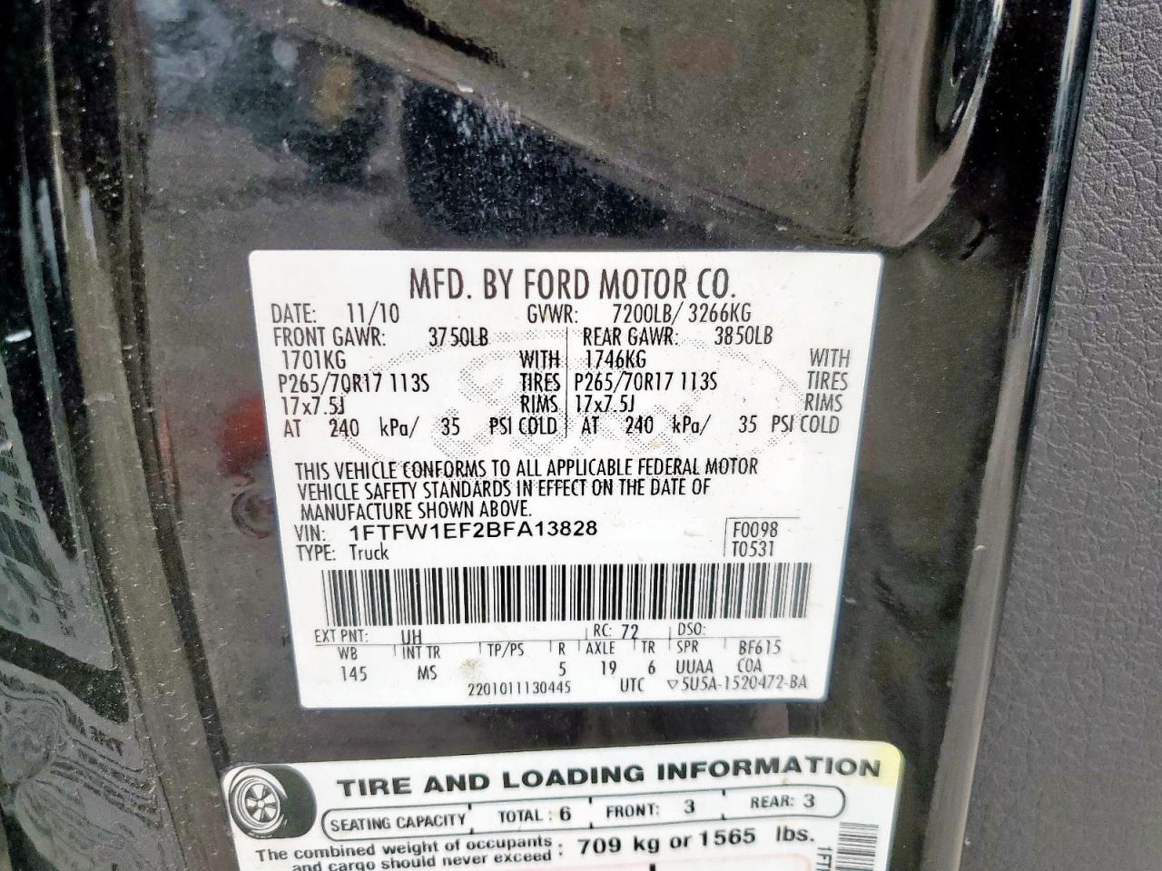 2011 Ford F150 Supercrew VIN: 1FTFW1EF2BFA13828 Lot: 62845315