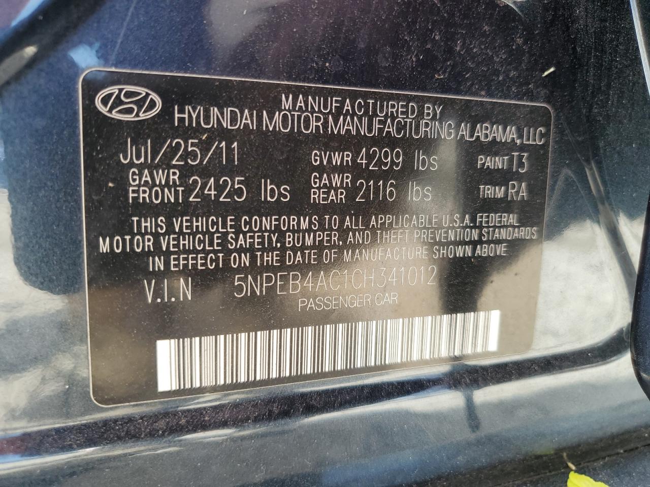 HYUNDAI SONATA 2012 VIN 5NPEB4AC1CH341012 фото 12