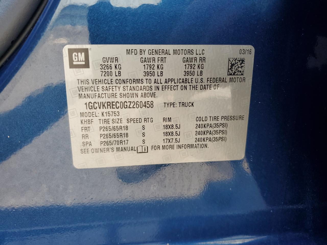 1GCVKREC0GZ260458 CHEVROLET ALL Models 2016