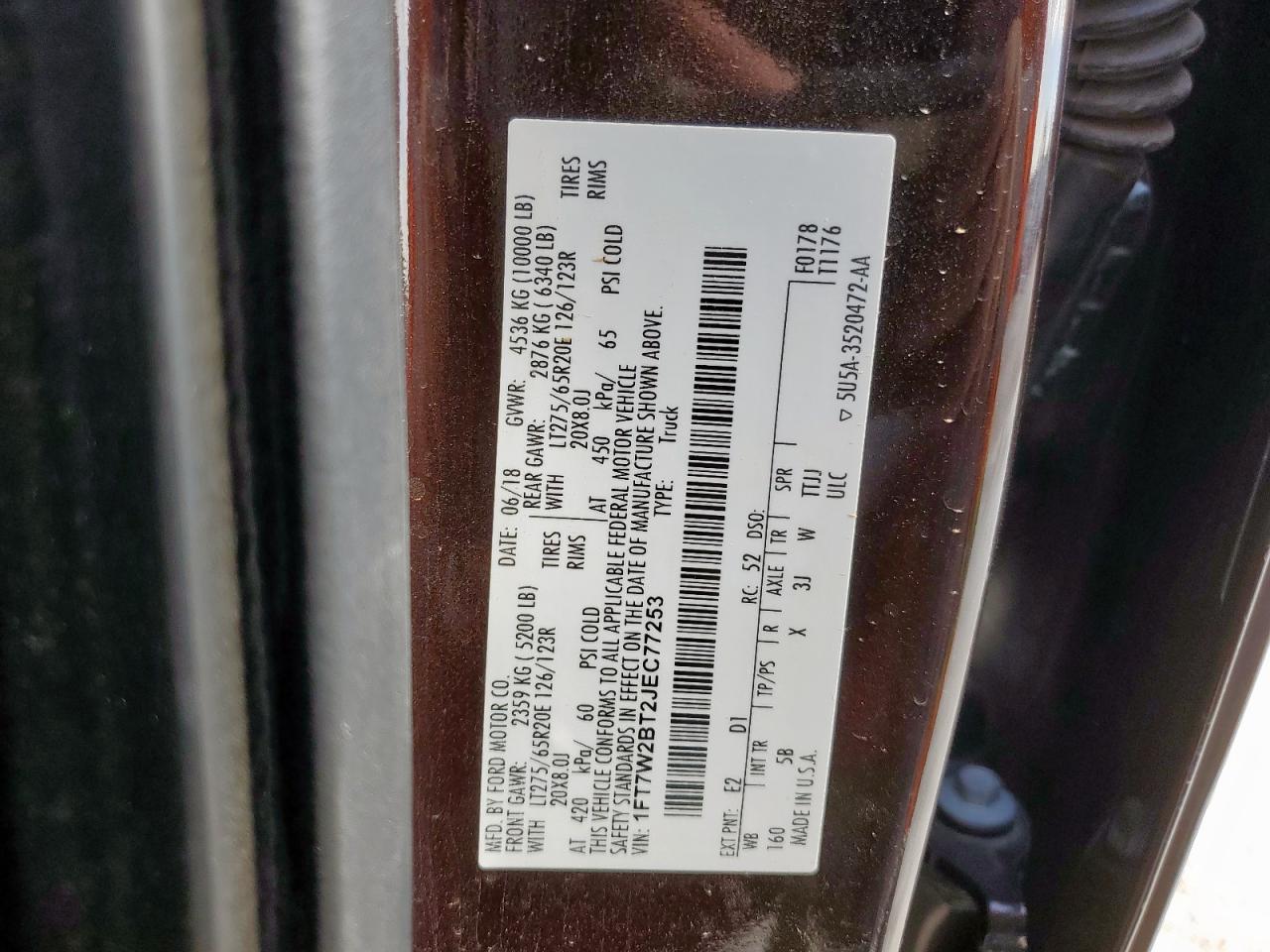 2018 Ford F250 Super Duty VIN: 1FT7W2BT2JEC77253 Lot: 62316275