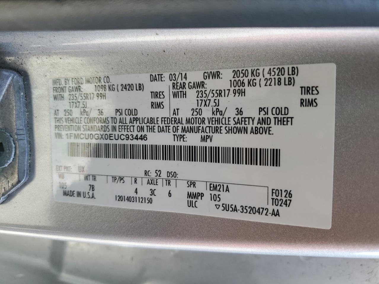 FORD ESCAPE 2014 VIN 1FMCU0GX0EUC93446 photo 13