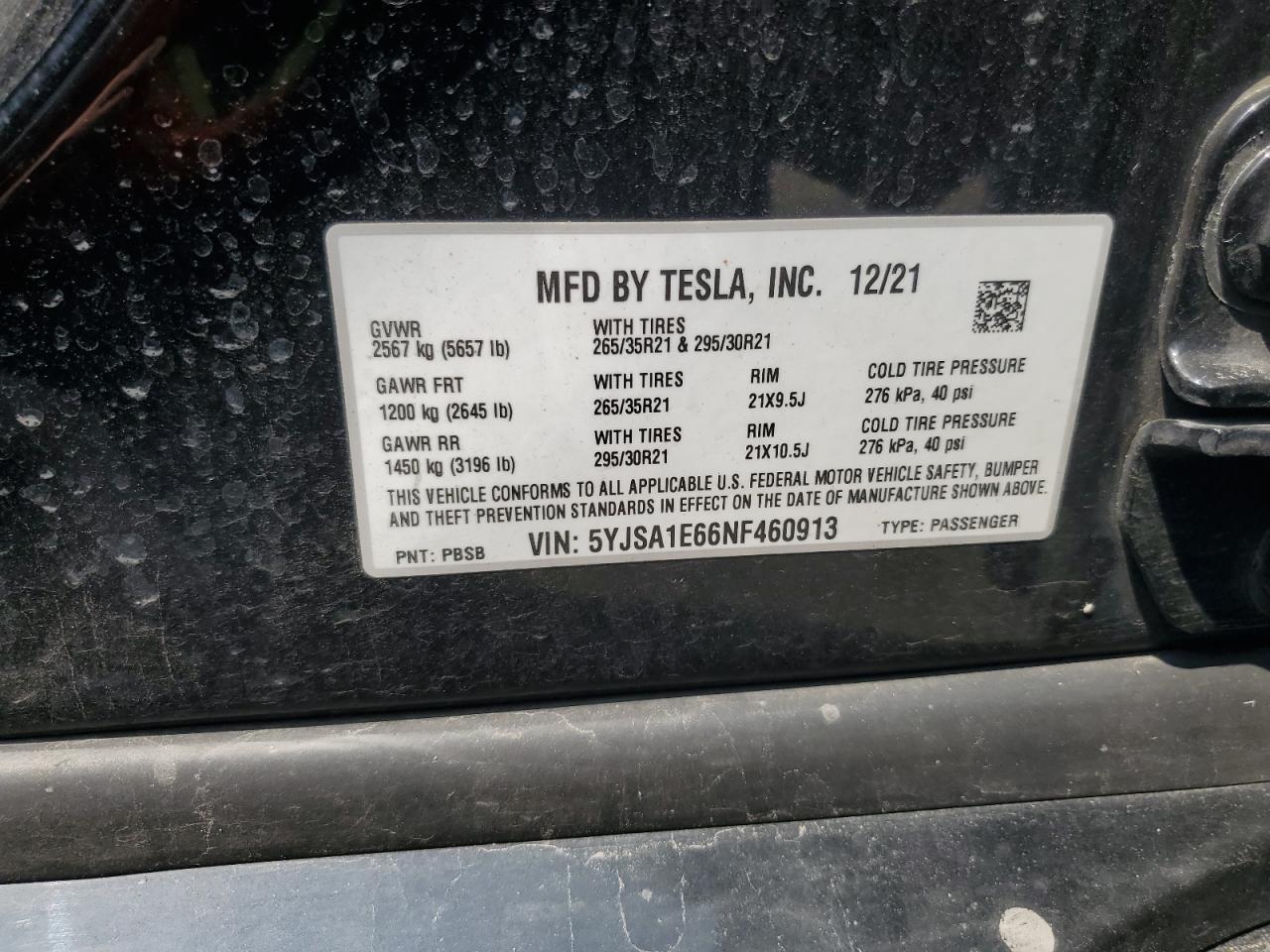 2022 Tesla Model S VIN: 5YJSA1E66NF460913 Lot: 60534665