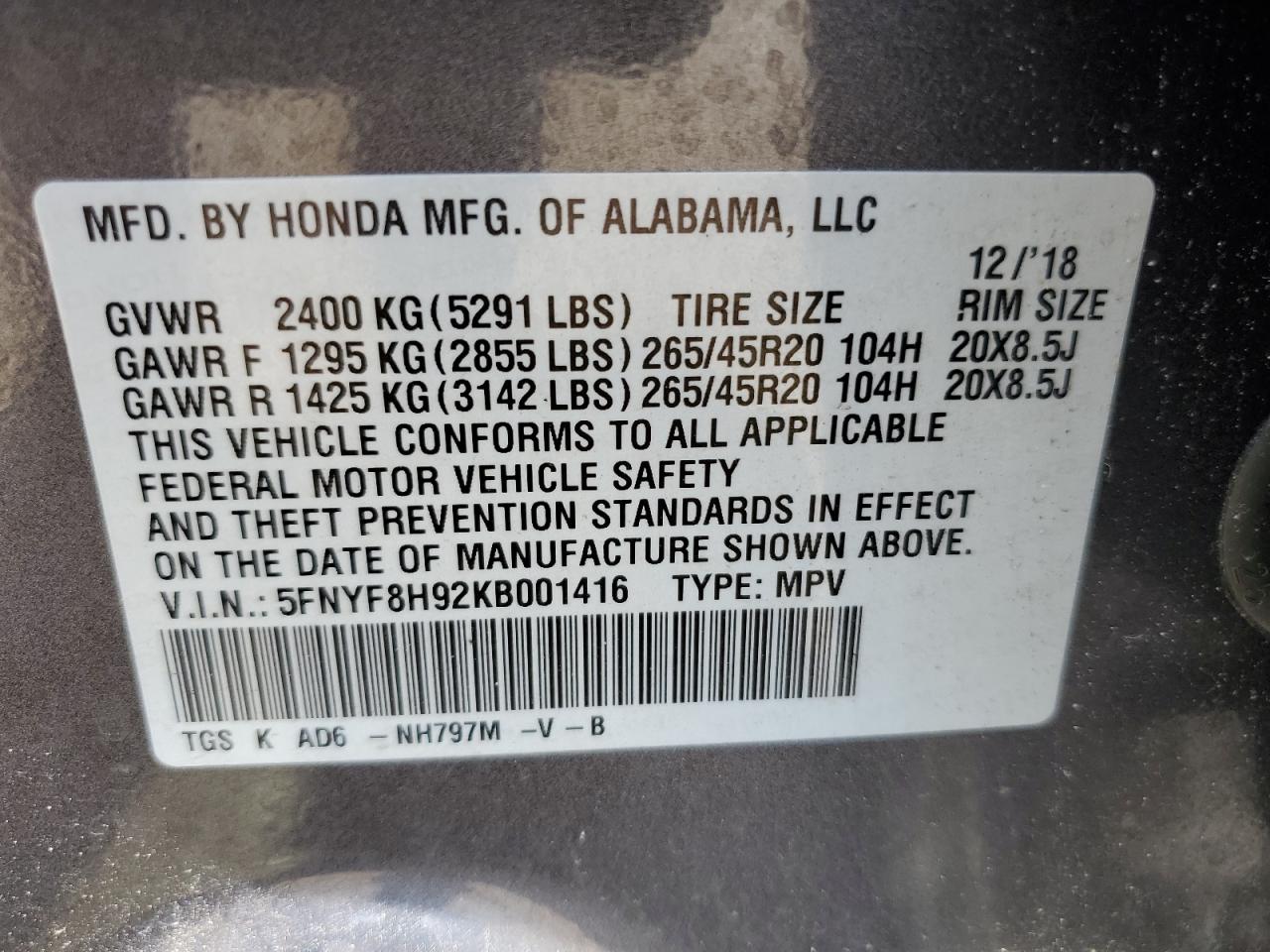 2019 Honda Passport Touring VIN: 5FNYF8H92KB001416 Lot: 62141495
