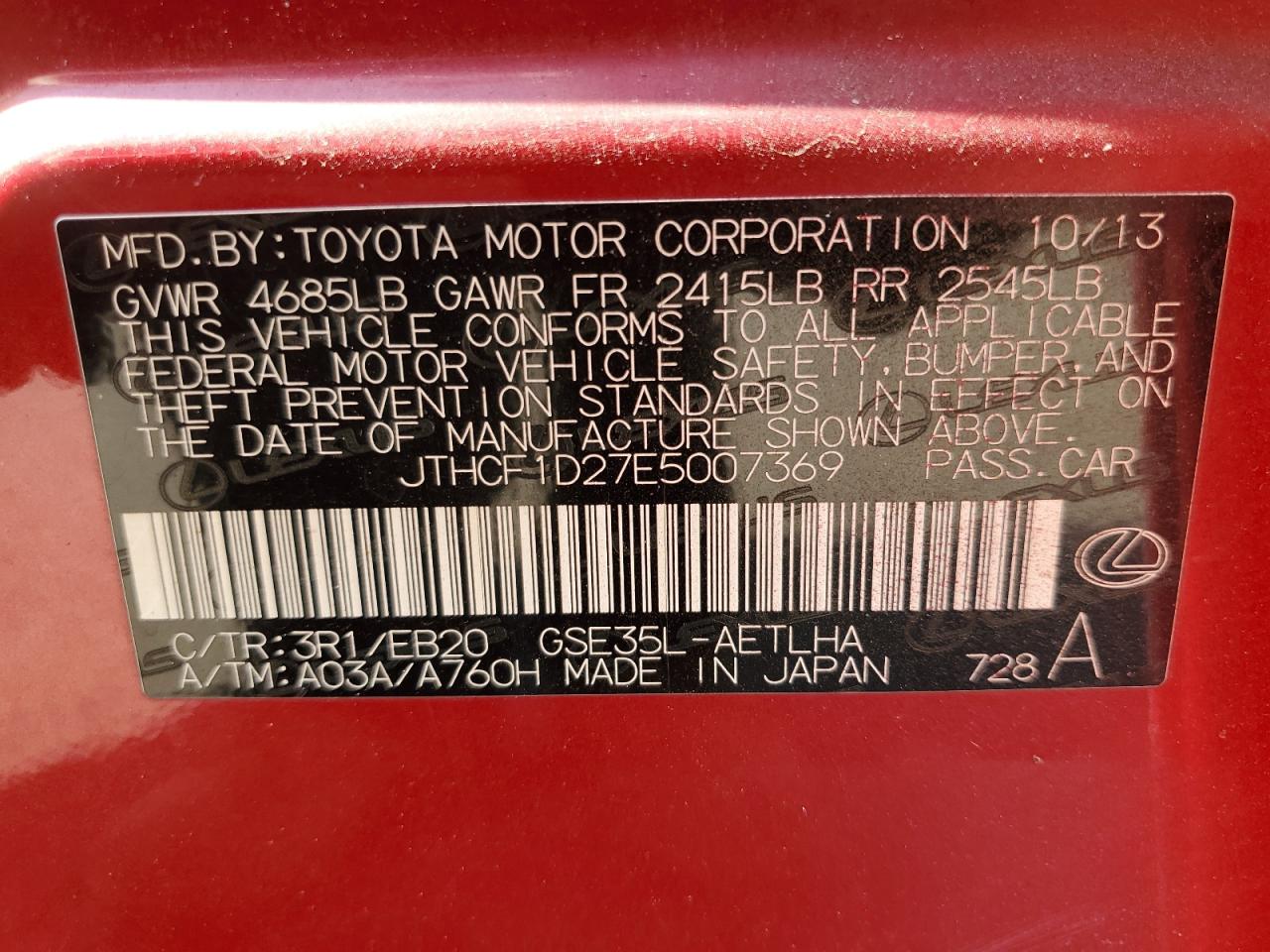 2014 Lexus Is 250 VIN: JTHCF1D27E5007369 Lot: 62310145