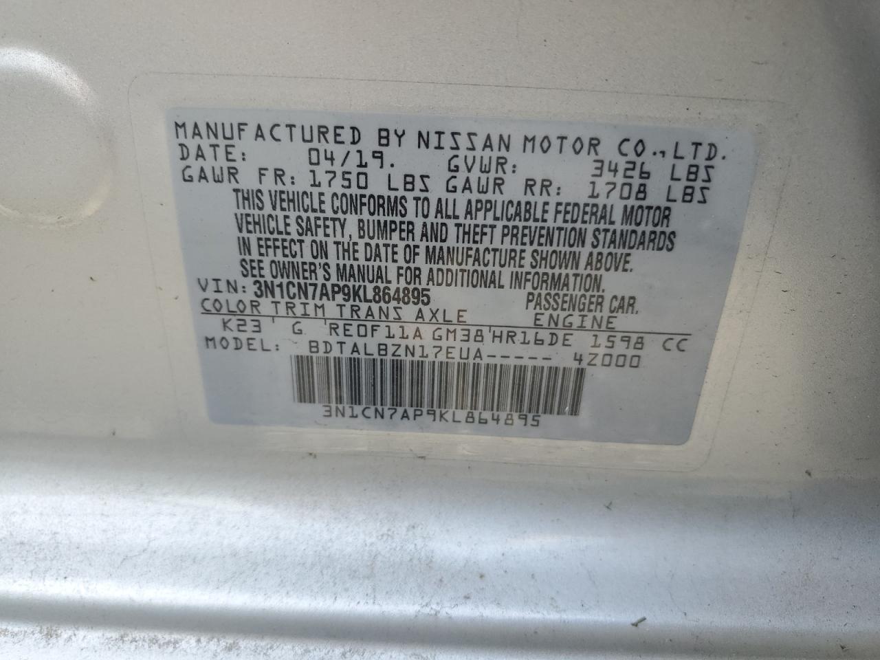 2019 Nissan Versa S VIN: 3N1CN7AP9KL864895 Lot: 60904645