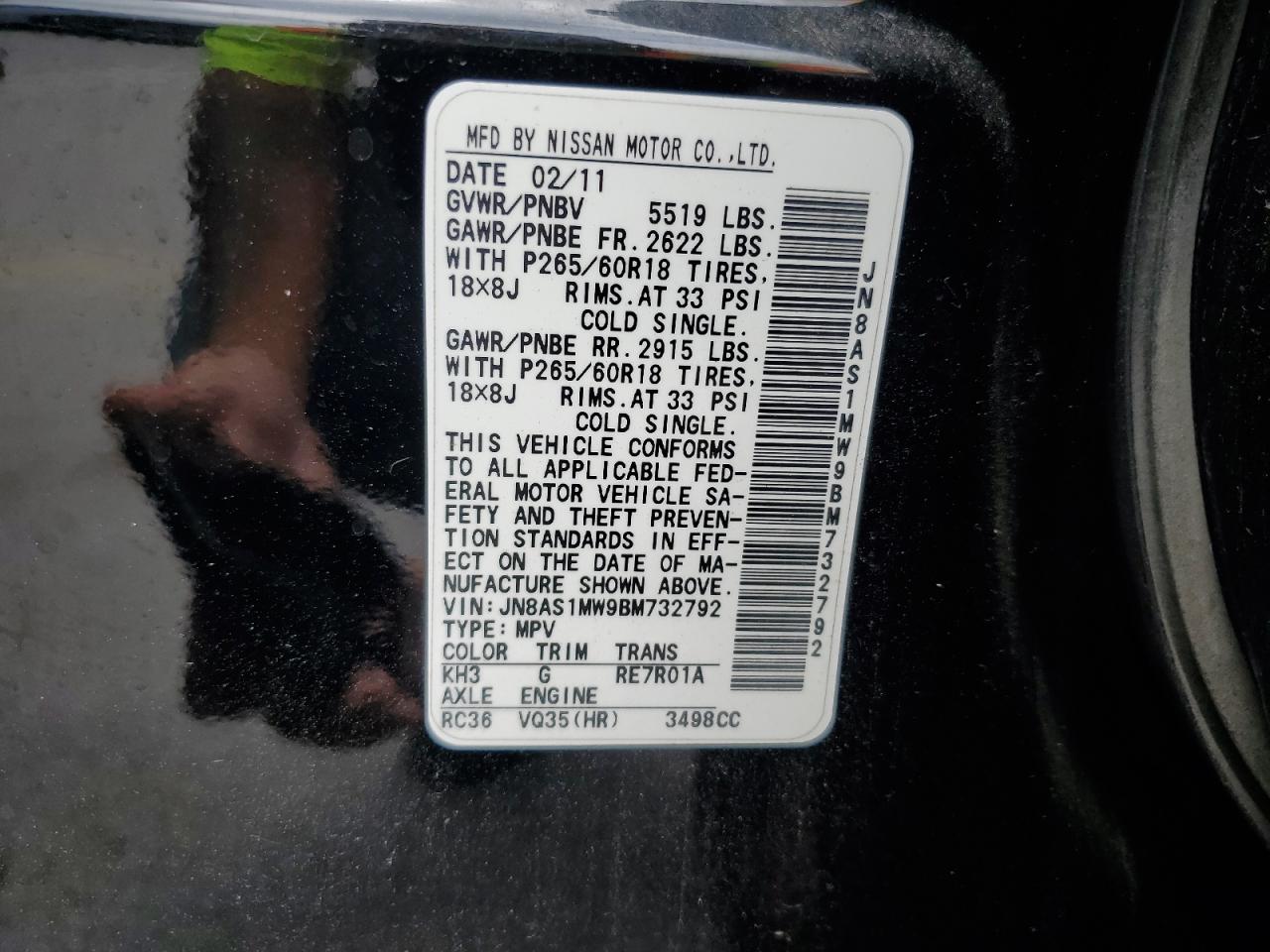 2011 Infiniti Fx35 VIN: JN8AS1MW9BM732792 Lot: 58779445