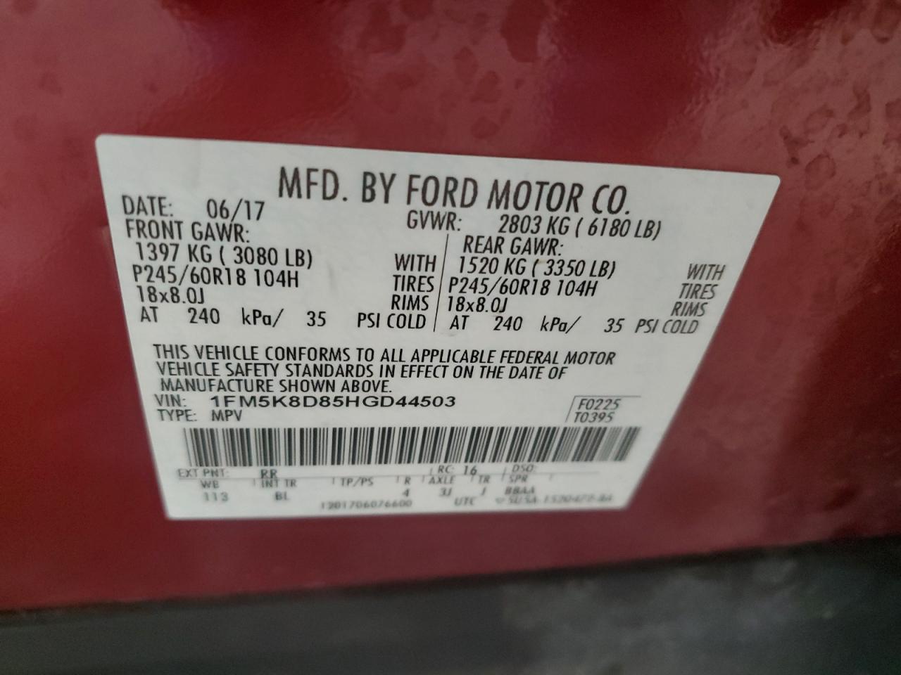 2017 Ford Explorer Xlt VIN: 1FM5K8D85HGD44503 Lot: 62553725
