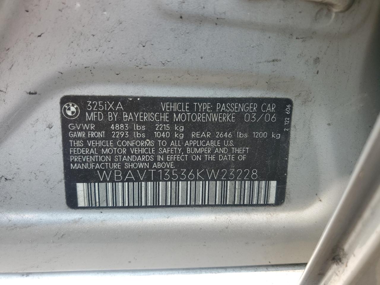 2006 BMW 325 Xit VIN: WBAVT13536KW23228 Lot: 58734625