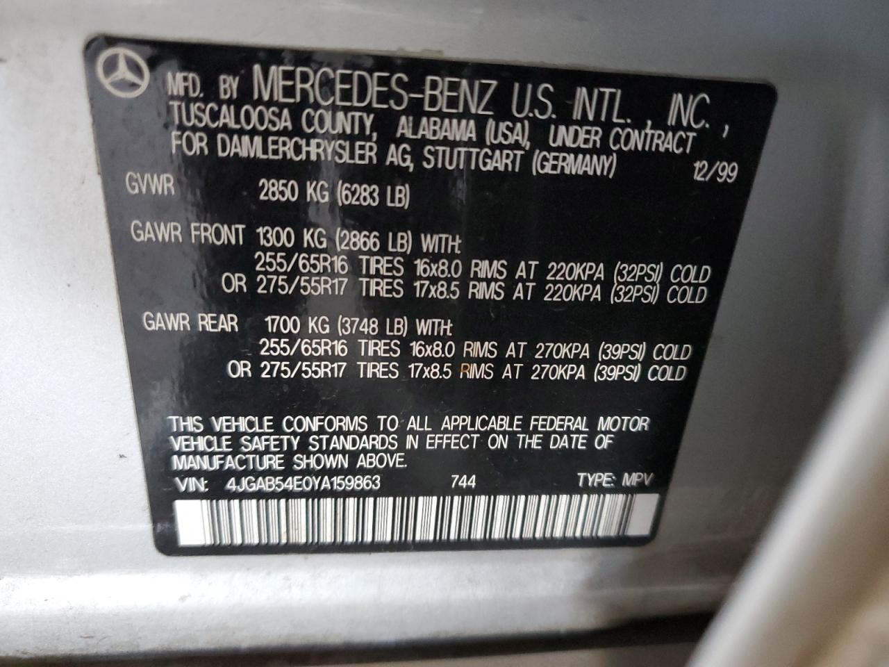 2000 Mercedes-Benz Ml 320 VIN: 4JGAB54E0YA159863 Lot: 60355415