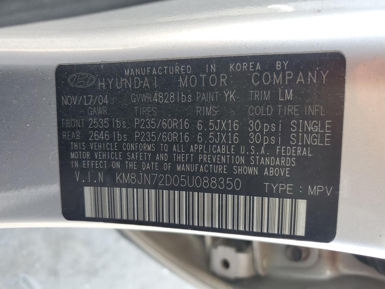 2005 Hyundai Tucson Gls VIN: KM8JN72D05U088350 Lot: 61093635