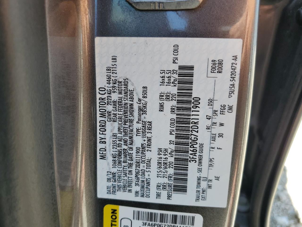 2013 Ford Fusion S VIN: 3FA6P0G72DR111900 Lot: 55285375