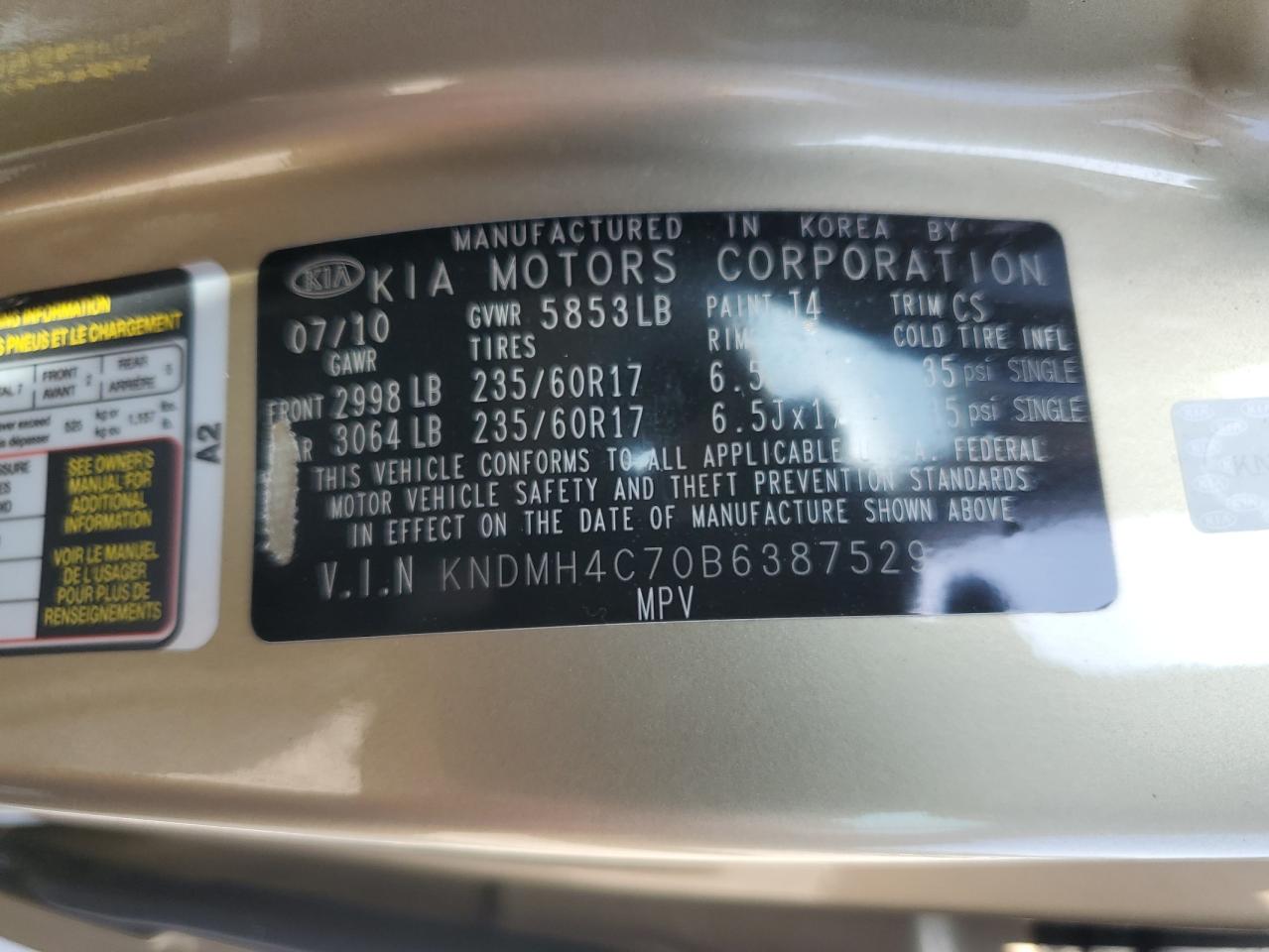 2011 Kia Sedona Ex VIN: KNDMH4C70B6387529 Lot: 61594815
