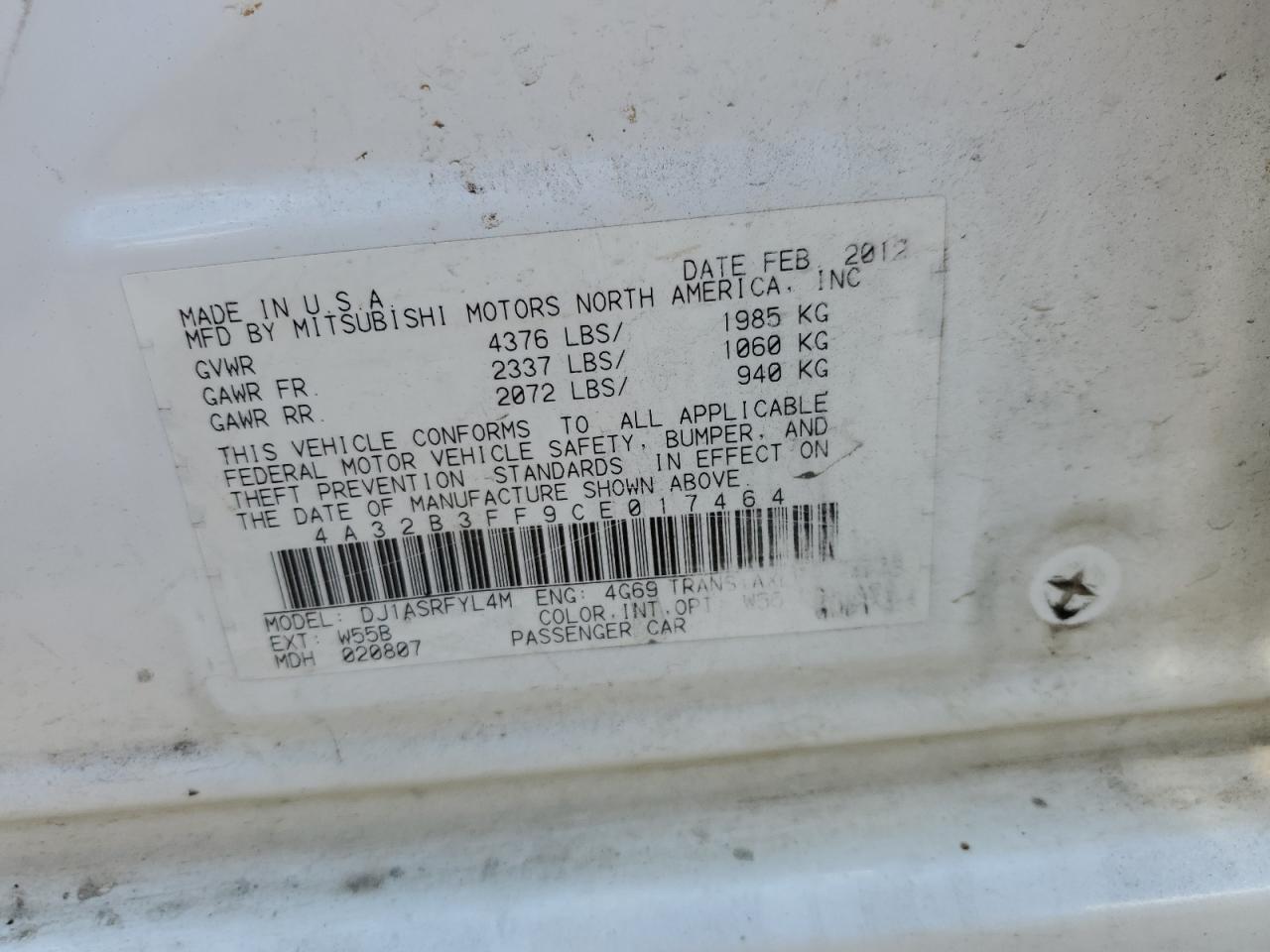 2012 Mitsubishi Galant Es VIN: 4A32B3FF9CE017464 Lot: 62253555