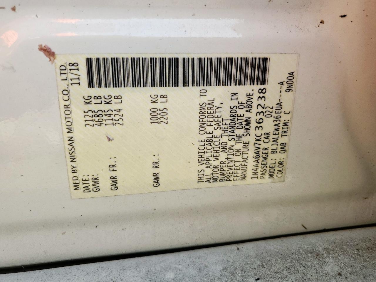 2019 Nissan Maxima S VIN: 1N4AA6AV7KC363238 Lot: 62965035
