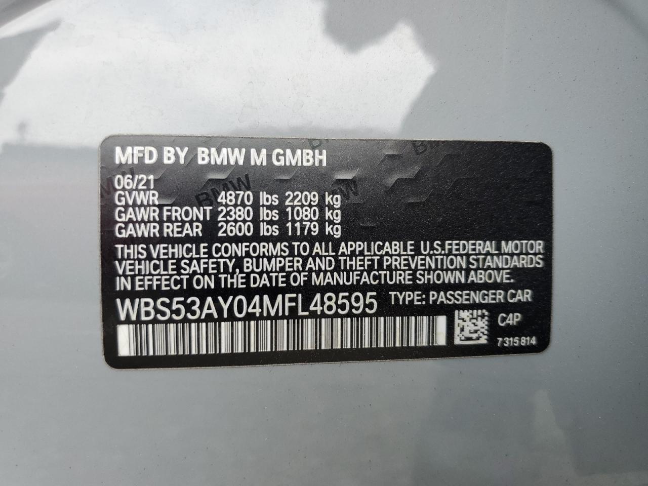 2021 BMW M3 VIN: WBS53AY04MFL48595 Lot: 62152185