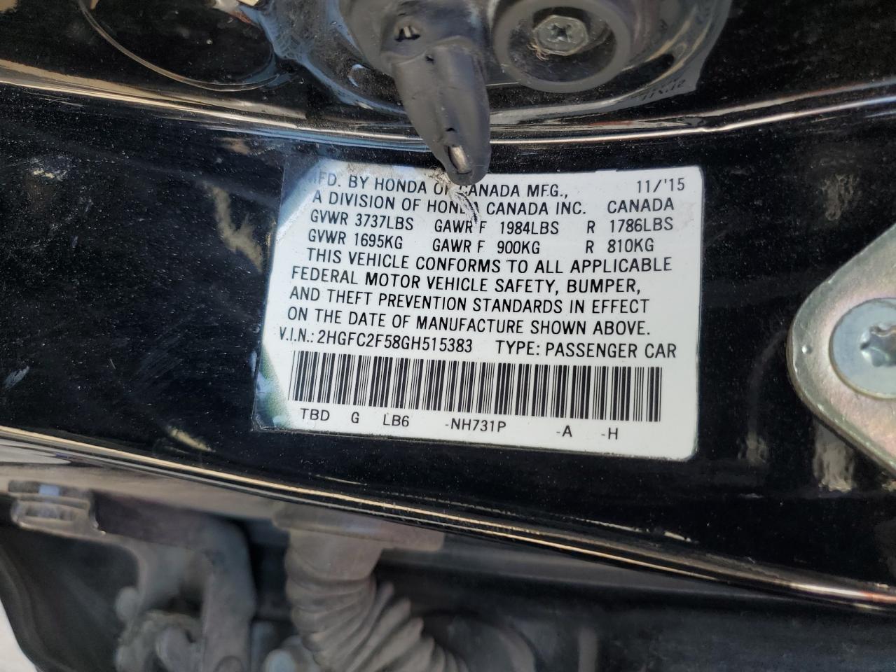 2HGFC2F58GH515383 HONDA CIVIC 2016