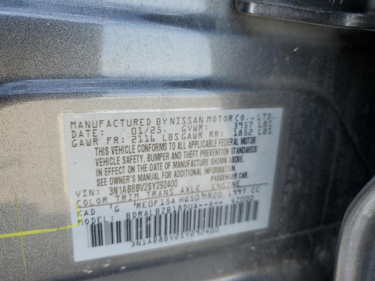 3N1AB8BV2SY292400 NISSAN SENTRA 2025