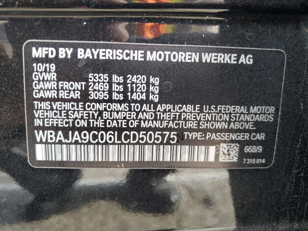 2020 BMW 530E VIN: WBAJA9C06LCD50575 Lot: 59174975