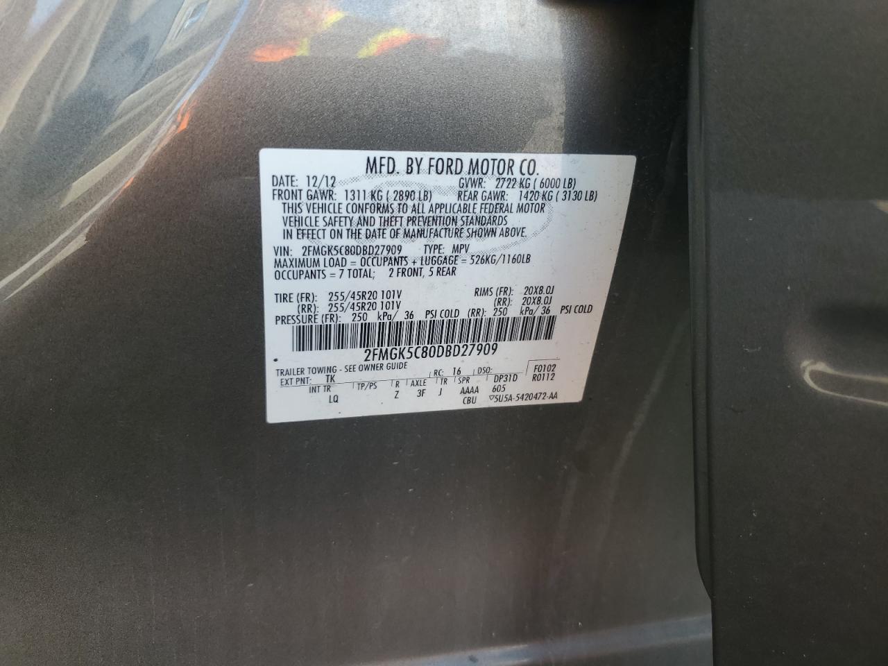 2013 Ford Flex Sel VIN: 2FMGK5C80DBD27909 Lot: 62154565