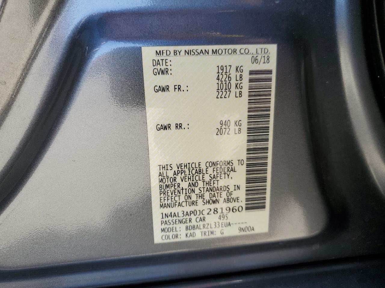 2018 Nissan Altima 2.5 VIN: 1N4AL3AP0JC281960 Lot: 63128985