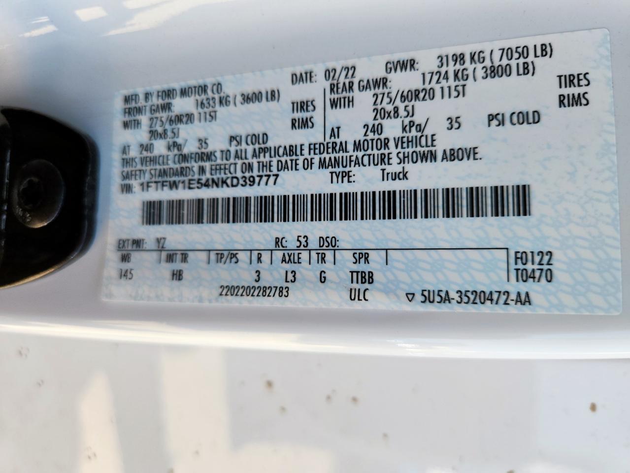 2022 Ford F150 Supercrew VIN: 1FTFW1E54NKD39777 Lot: 61095875