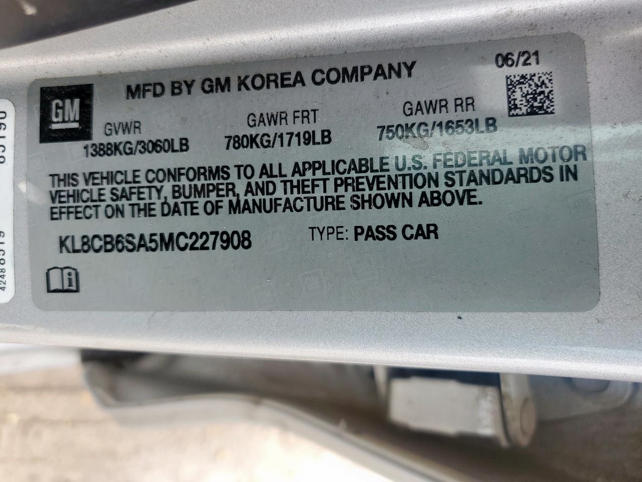 2021 Chevrolet Spark Ls VIN: KL8CB6SA5MC227908 Lot: 60678205