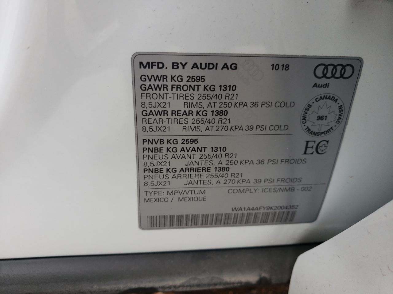 2019 Audi Sq5 Premium VIN: WA1A4AFY9K2004352 Lot: 60403845