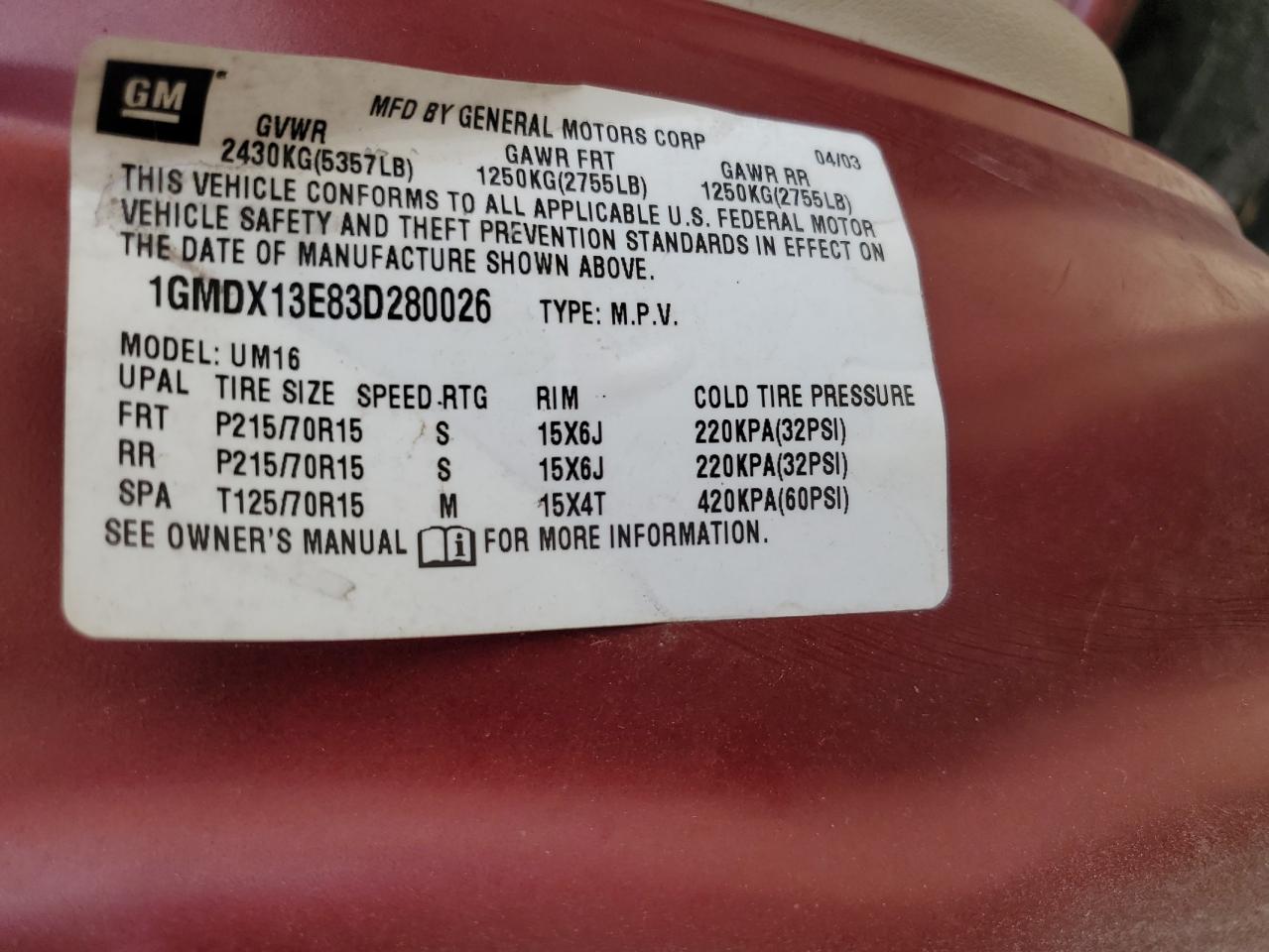 2003 Pontiac Montana Luxury VIN: 1GMDX13E83D280026 Lot: 62634865