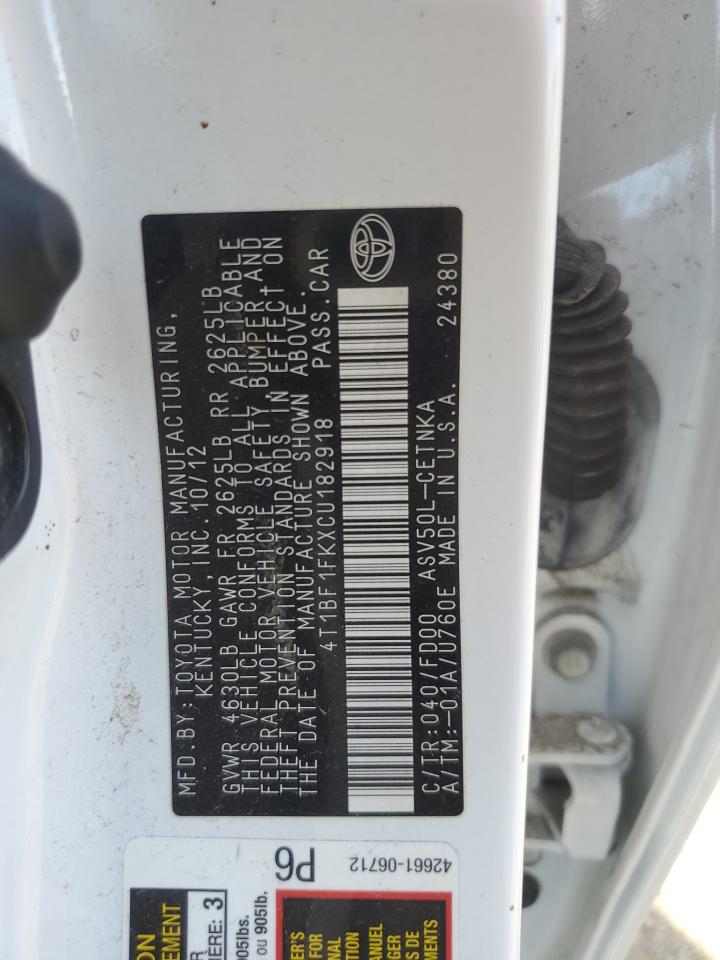 2012 Toyota Camry Base VIN: 4T1BF1FKXCU182918 Lot: 62596245