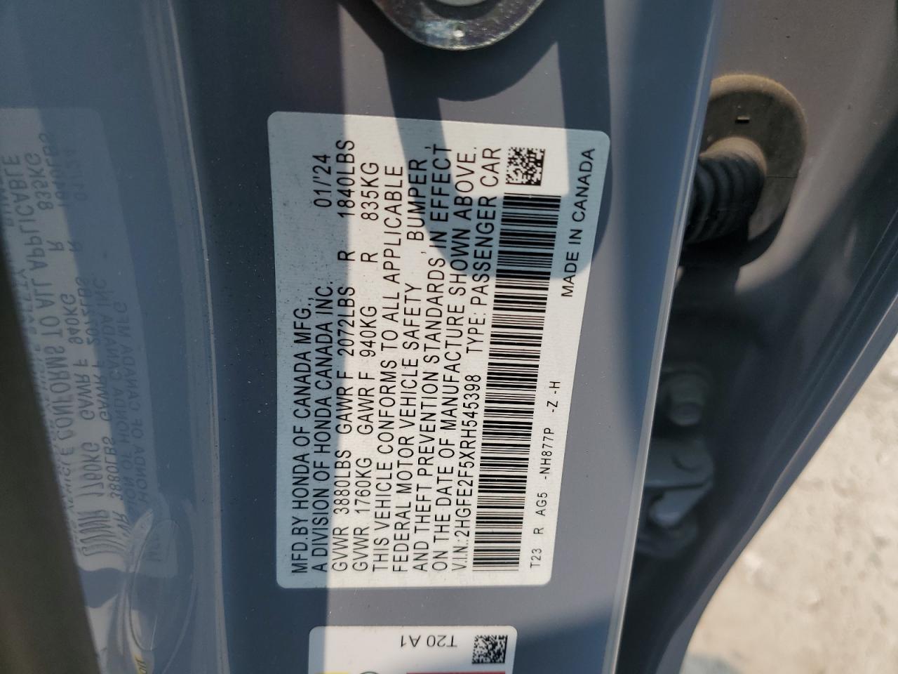 2024 Honda Civic Sport VIN: 2HGFE2F5XRH545398 Lot: 59708025