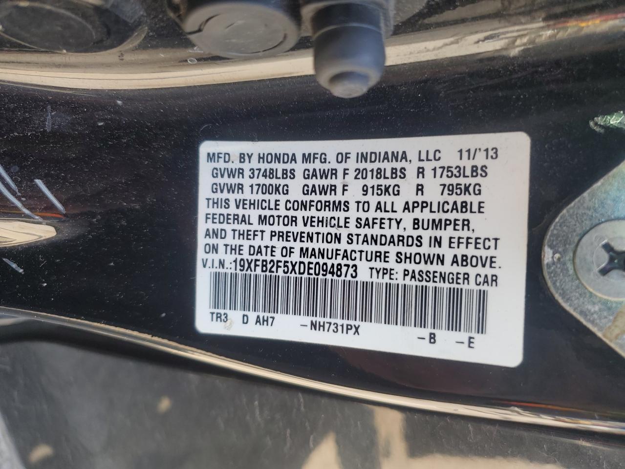 2013 Honda Civic Lx VIN: 19XFB2F5XDE094873 Lot: 62311455