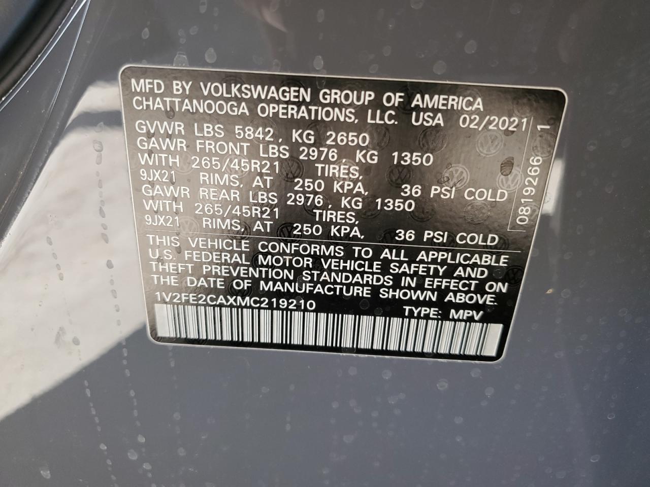 2021 Volkswagen Atlas Cross Sport Sel Premium R-Line VIN: 1V2FE2CAXMC219210 Lot: 62213275