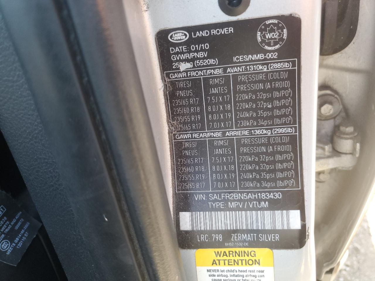 2010 Land Rover Lr2 Hse VIN: SALFR2BN5AH183430 Lot: 62257525