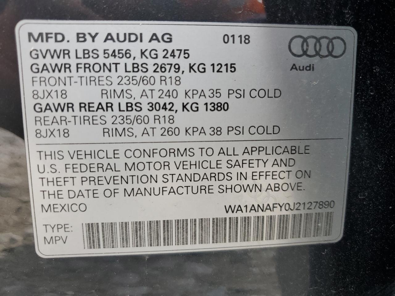 2018 Audi Q5 Premium VIN: WA1ANAFY0J2127890 Lot: 62468385